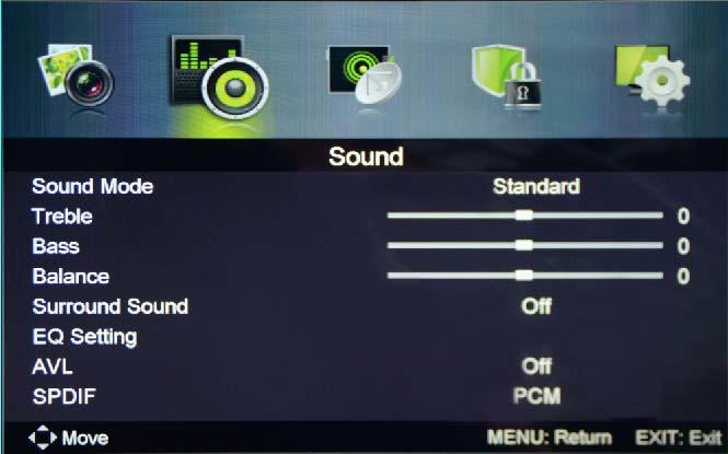 OSD Menu 2. Sound menu 50 50 50 Description Sound Mode: Select your desired audio mode as follow: Standard, Music, Personal, Movie.