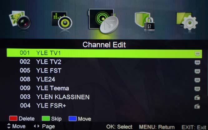 OSD Menu Channel Edit: Press OK button to enter the Channel Edit menu as the following picture. Delete: Press RED button to sign the channels you want to delete, it will hint you when you exit.