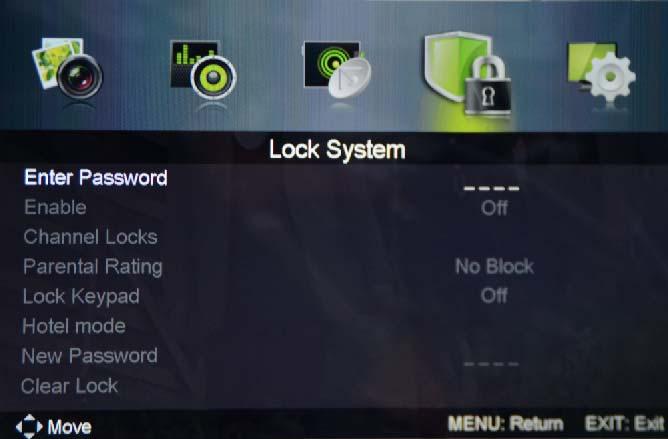 OSD Menu 4. Lock menu Description This option allows parents to block channels and programs using a password. NOTE: The default password is 0000.