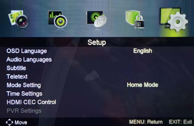 OSD Menu 5. Setup menu Description OSD Language: Allows you to select menu language. Audio Language: Allows you to select audio language. Subtitle: Allows you to select subtitle language.