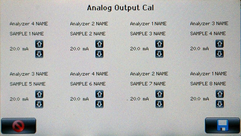 4. Analog Outputs Cal: Calibrate the 4 20 ma values for the analog outputs. a. From the I/O screen, select Analog Outputs Cal. Figure 27. Analog Outputs - Cal screen b.