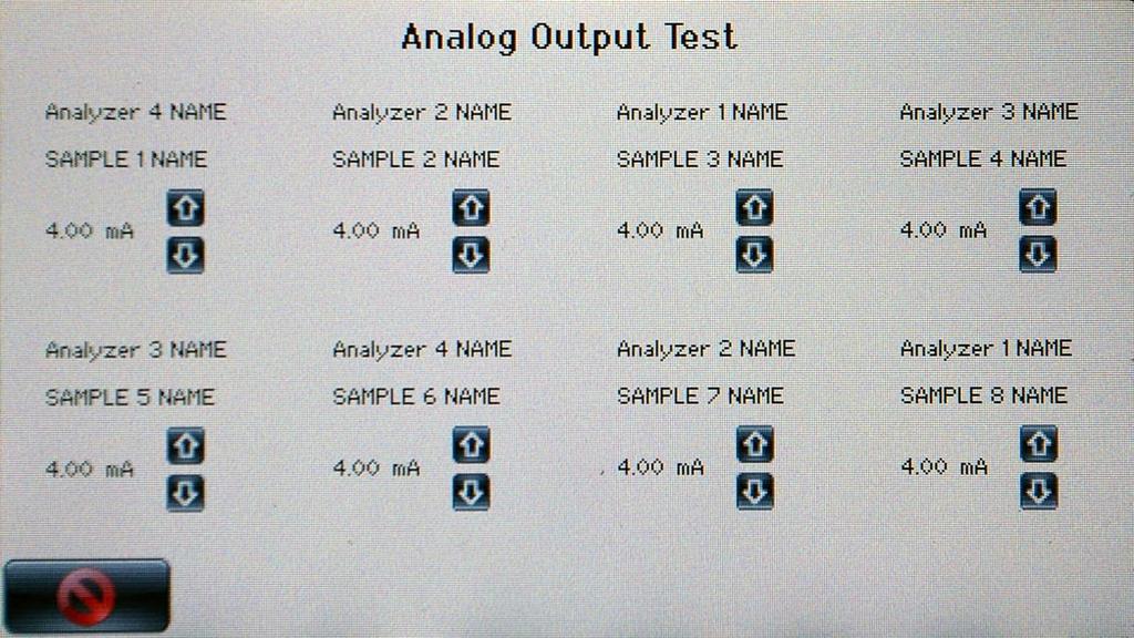 Analog Outputs - Test screen To use the Analog Outputs - Test screen: 1. Choose the output you wish to test. 2. Connect a calibrated multimeter to the desired output.