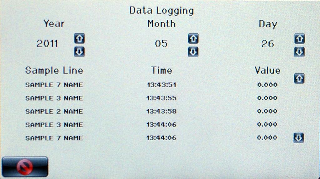 Data Logging To view logged data, use the Data Logging screen. Figure 40. Data logging screen This screen displays data that has been logged to the SD card. Use the arrows to scroll through the data.