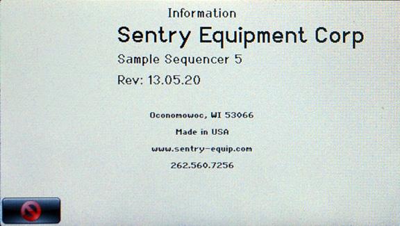Information To view information about the sequencer, use the Information screen. Figure 42. Information screen This screen shows revision and contact information for the Sample Sequencer 5.