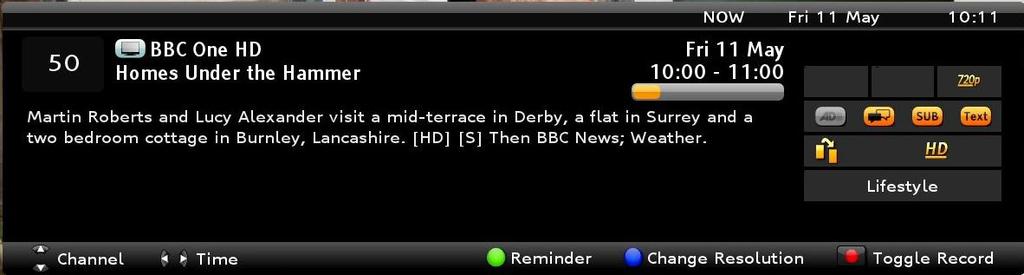 Press the navigation button left or right to browse across the programmes scheduled for transmission on this channel.