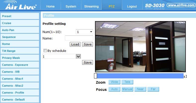 8. PTZ Alternatively, manually select a number from the Num drop-down list. Then, click on the button, the camera will load and applied the setting of the profile.