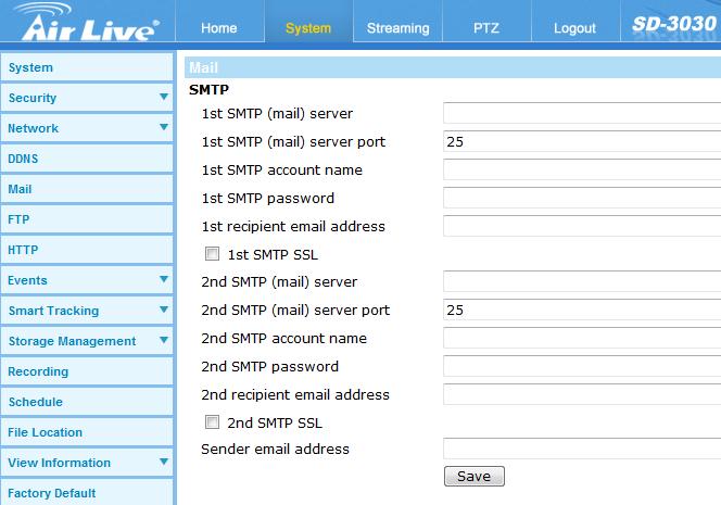 6. System 6.5 Mail - SMTP The Administrator can send an e-mail via Simple Mail Transfer Protocol (SMTP) when an alarm is triggered. SMTP is a protocol for sending e-mail messages between servers.