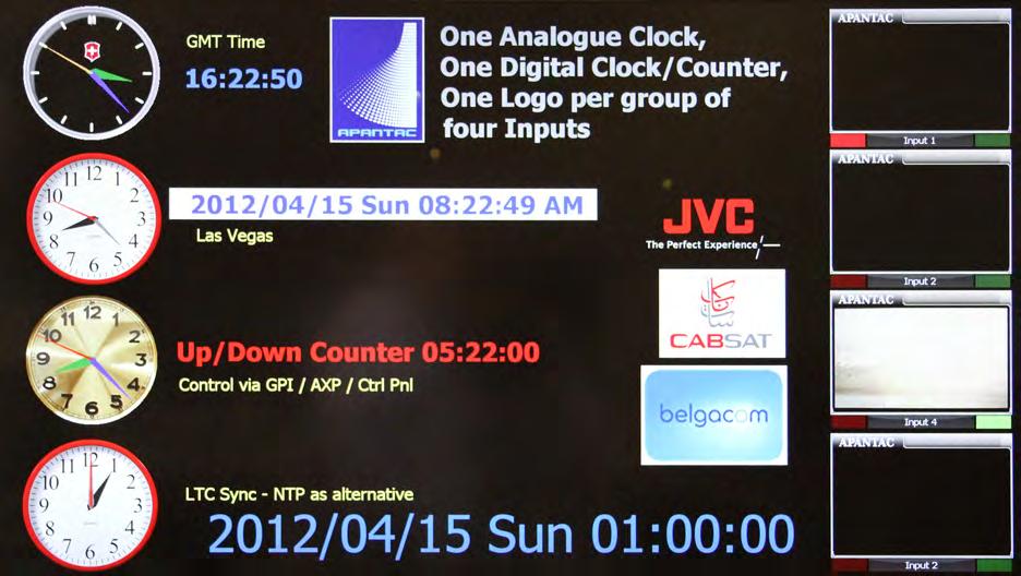 CLOCKS and LOGOS One analog clock and one digital clock per every 4 inputs - LTC or NTP locking capabilities - Digital clocks can be configured as count-up or count-down timers - Customize analog