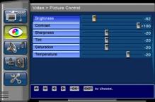 Picture control screen. Use the controls to adjust the output video characteristics, such as brightness, contrast, sharpness, tint, saturation, and color temperature.