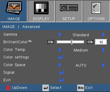User Controls IMAGE Advanced Gamma This allows you to choose a degamma table that has been fine-tuned to bring out the best image quality for the input. Film: for home theater.