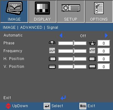 User Controls IMAGE Advanced Signal (RGB) Signal is only supported in Analog VGA (RGB) signal. Automatic Automatically selects the signal.