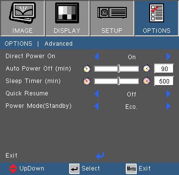 User Controls OPTIONS Advanced Direct Power On Choose On to activate Direct Power mode.