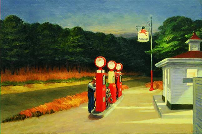 We find a solitary man tending to the gasoline pumps at his small roadside service station.