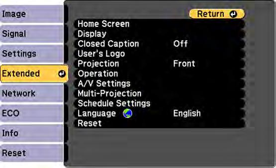 Projector Setup Settings - Extended Menu Settings on the Extended menu let you customize various projector setup features that control its operation.