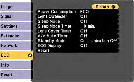 Projector Setup Settings - ECO Menu Settings on the ECO menu let you customize projector functions to save power. When you select a power-saving setting, a leaf icon appears next to the menu item.