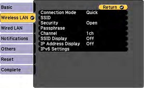 Display LAN Info lets you select how the projector displays network information.