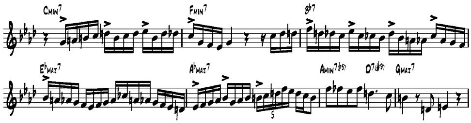 b. continuous sixteenth note activity featuring accented downbeats, primarily during the mid to late 1950s with Art Blakey and recordings as a leader