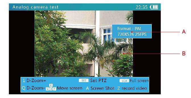 3.5.2 Analog Video Test Press the MODE key to select analog video test. Wait 2 seconds, or press the arrow key to enter the analog video test. A. Video Display Area Due to varying image width to height ratios, the displayed image may not be full screen.
