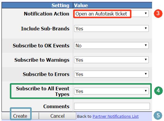 Ticketing with Autotask 3. In the Notification Action field, select Open an Autotask ticket. 4. Decide which events should trigger an Autotask ticket notification.
