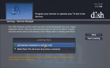 the TV Code, DVD Code, or AUX Code option on the Remote Manager settings screen, depending on the device that you want the remote to learn