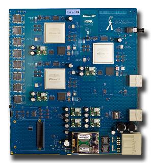 Figure 4. The LDPB demonstrator board (ATCA board) with three Altera Stratix IV FPGAs. Figure 5. Block diagram of our test board with Xilinx Kintex-7 FPGA and two sets of MicroPOD.