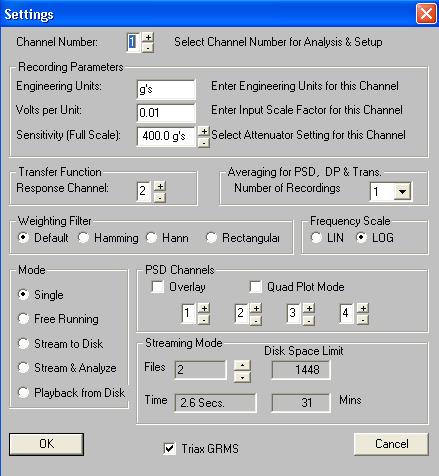 5 Figure 1. ProCAT V7.0 Setup Screen. A weighting window must be selected prior to data capture. In general, the ProCAT will select the Hann or Hamming window. C.6. Frequency Scale, Lin or Log.