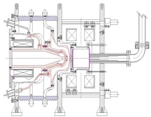 Fig. 4.3: (Left) Line drawing of the TRASCO injector ion source. (Right) 3D mechanical representation.