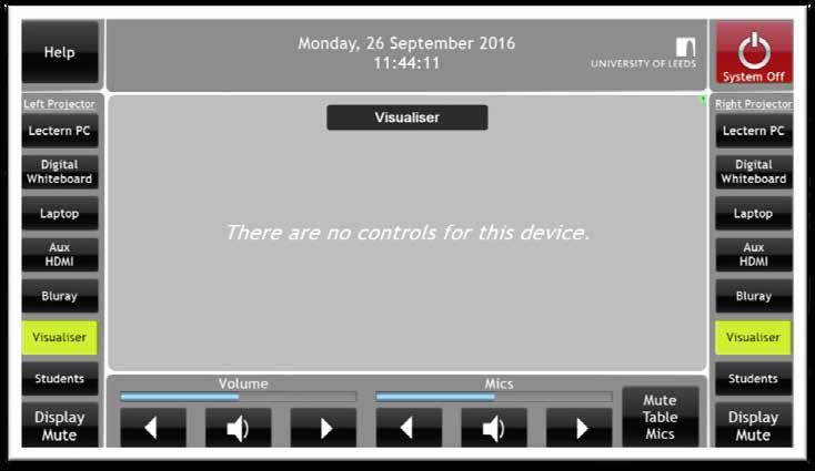 Visualiser To use the visualiser, press the VISUALISER button on the control panel for whichever screen you wish to display the visualiser on (left or right, both or centre).