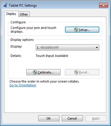 2. Click Hardware and Sound - Tablet PC Settings. Tablet PC Settings window appears. 3. Click Setup in the Display tab. A touchscreen specification screen with a white background is displayed.