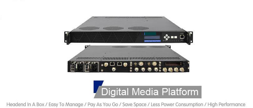 Digital Media Gateway: Application Description: Five MPEG-4 to MPEG-2 transcoding modules and one Gigabit IP Module or one ASI input/output