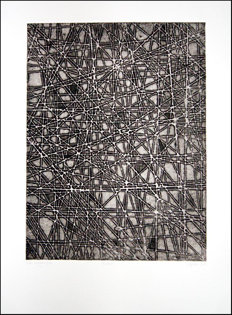 Slika 17: Špela Cigoj, Mikado, 2014, kolagrafija, 30x40 Kolagrafija, globoki tisk. Za to matrico sem uporabila Mekol lepilo direktno iz tube.