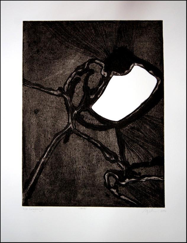 Slika 21: Špela Cigoj, Odhod, 2014, kolagrafija, 30x40 Kolagrafija, globoki tisk. Na to matrico sem enako kot na prejšnjo risala z mešanico lepila in mavčne mase.