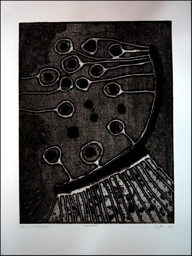 Slika 22: Špela Cigoj, Združevanje, 2014, kolagrafija, 30x40 Kolagrafija, globoki tisk. Matrico sem izdelala tako, da sem najprej na podlago prilepila kose natrganega brusnega papirja.