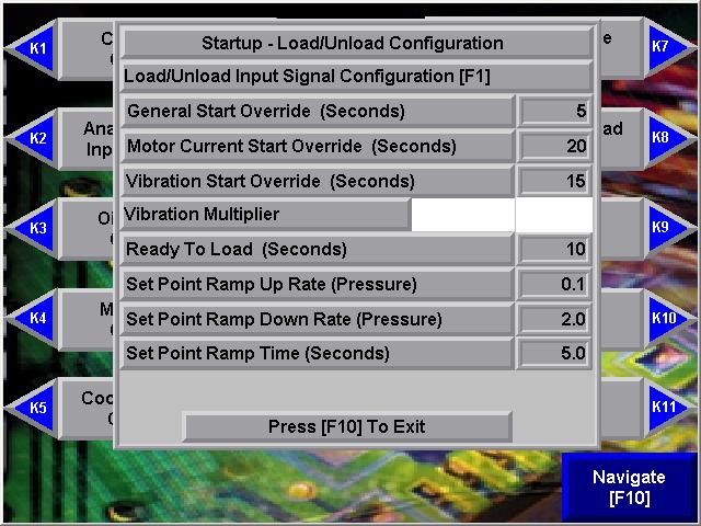 This screen contains basic system timers and set points that are setup during commissioning.