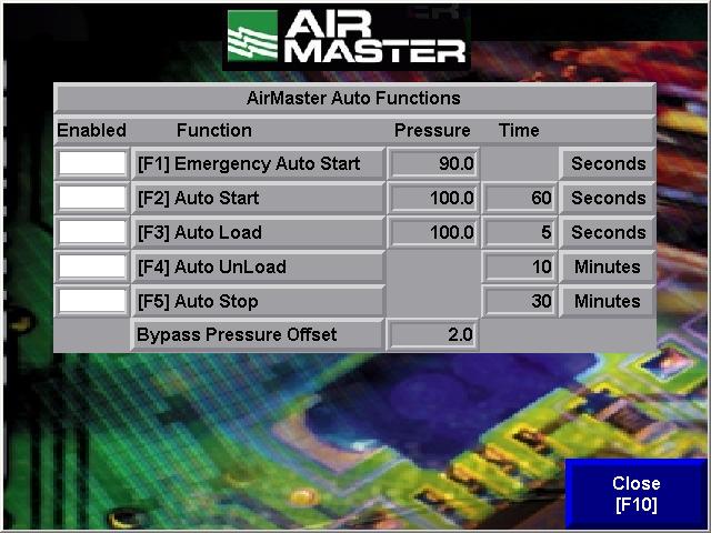 The AirMaster Auto Functions screen displays the auto functions set up in AirMaster.