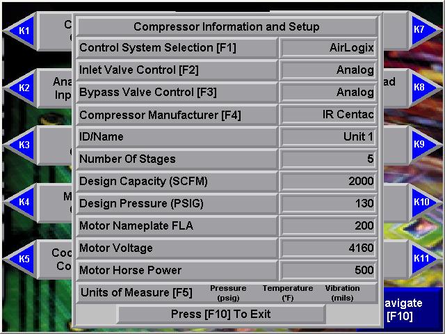 This screen contains basic compressor set-up information. From here the name of the compressor can be changed.