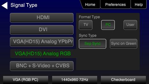Alternatively, to activate the VGA(HD15) Analog YPbPr output through the command line: XVSI 9 // selects YPbPr Analog output through the VGA connector SSST 1 // selects separate sync.