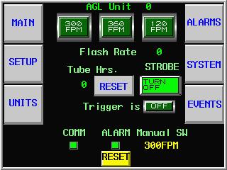 Selecting a light displays the following: Alarms Alarms reported by the system will be displayed on this screen. Flash Rate flashes per minute. Tube Hrs hours of operation.