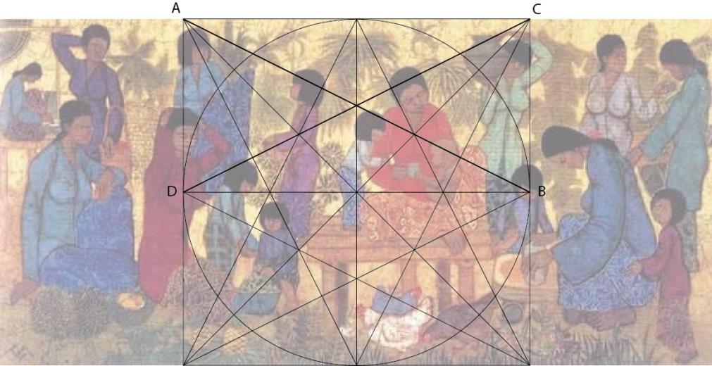 Rajah 8. Binaan grid persegi sama dengan penekanan pada garis silang REFERENCES Abdullah, A. et. al. 2015. Symmetry in Malaysian Paintings. A Compositional Analysis. Dlm O.H. Hassan et al. (eds.