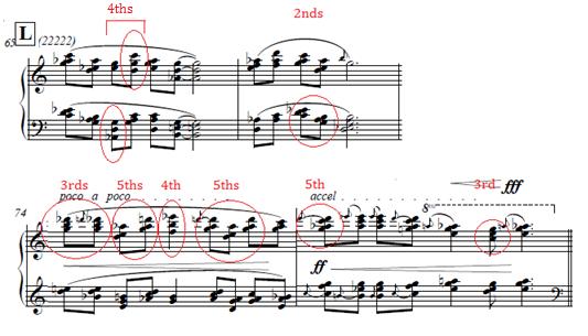 In the closing section, the melodic line often moves stepwise with small intervals and longer note durations.