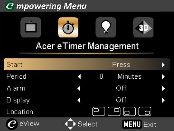 Please refer to the "Onscreen Display (OSD) Menus" section for more details. Acer etimer Management Press " " to launch "Acer etimer Management".