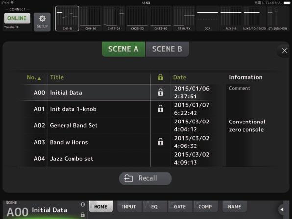 SCENE screen Allows you to manage previously saved mixer setups, or "Scenes". 1 Scene list selection button Allows you to switch between the available Scene lists.