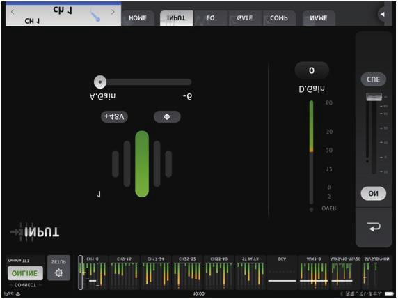 INPUT screen Displayed when you tap the INPUT button in the TOOLBAR area. Allows you to turn phantom power on and off, toggle the signal phase, and adjust input gain.