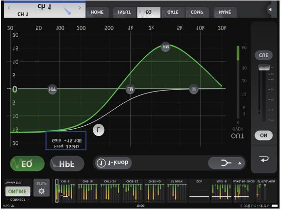 EQ screen Displayed when you tap the EQ button in the TOOLBAR area. Controls the EQ for each channel. 4-band parametric EQ is available for CH 1 32, AUX 1 20, and STEREO.