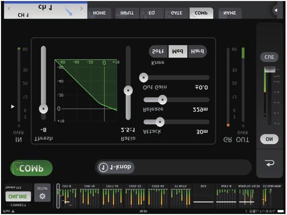COMP screen Displayed when you tap the COMP button in the TOOLBAR area. Allows you to configure the compressor for each channel. 1 COMP button Turns the compressor on and off.