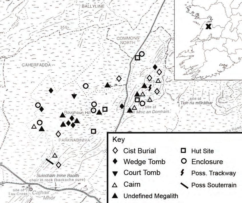 Connie Gorman & Donna Gilligan Figure 1: Distribution map of monuments expanding hazel shrub which obscures views today, would not have been present then.