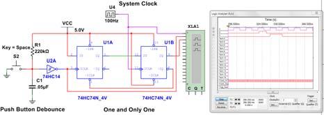 One-and-only One Synchronized Pulse Clock Button Output is a synchronized pulse with the clock, while the button push is not. Driving LEDs 4049B Push Button Debounce Current sourcing. Current sinking.