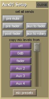 1.12 Auxes 1.12.1 Mix Presets... A new Mix Presets button is below the list of copy buttons on the Aux Setup panel. This stores and recalls the aux s send parameters for all input channels.