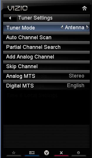 Settings Menu When you first turned on your HDTV you scanned for channels using the Setup App. If you did not do this or if your setup has changed, you can do this from the Tuner menu.