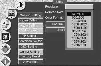 Controlling the VP-725DS Presentation Switcher / Scaler Table 15: Choosing the Output Utility Settings Utility Level 1 Level 2 Level 3 Output Setting Resolution 640x480 720P 800x600 1080i 1024x768